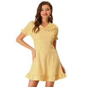 Gingham Print Ruffled Trim Puff Sleeve Peter Pan Collar Dress Yellow